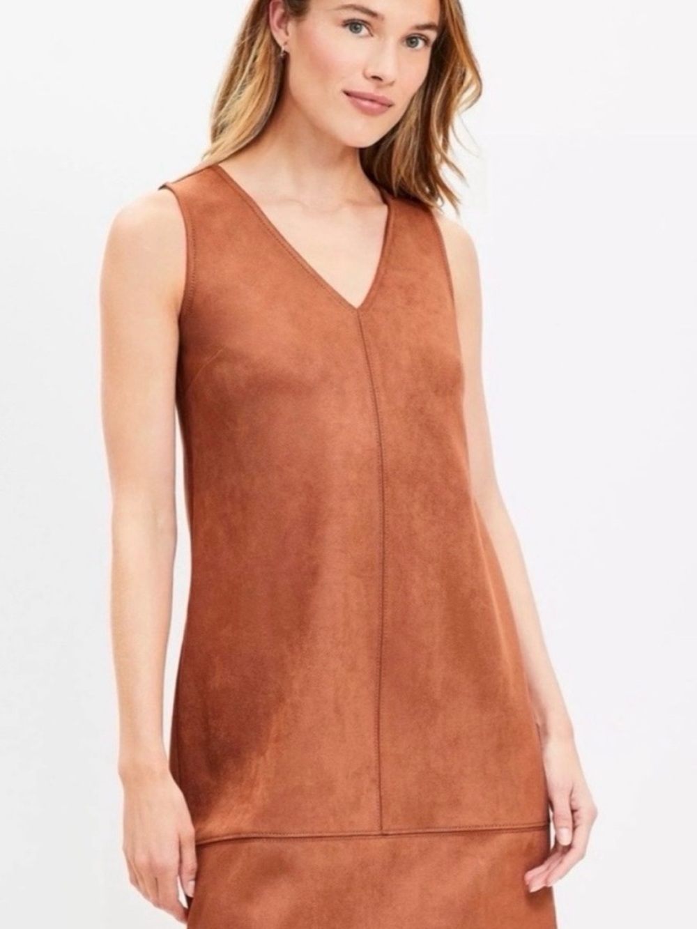 LOFT Sleeveless V-Neck Faux Suede Shift Dress - Brown/Tan